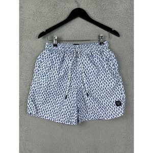 Spicy Tuna Shorts Mens Medium White Blue Print Swim Trunks Mesh Lined Drawstring